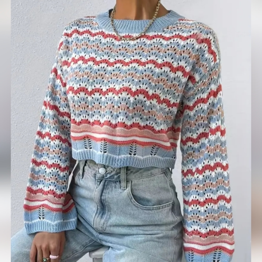 🦋SHEIN Multicolor Striped Sweater Flawed Size Large 22"Pit & Stretch